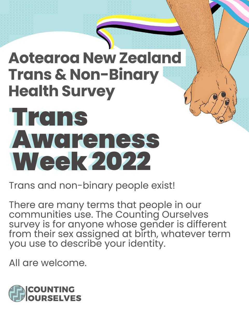 TransSurveyNZ's tweet photo. 13-19 November is #TransAwarenessWeek! 
#TransHealth #HealthSurvey #CountingOurselves #Transgender #Aotearoa #irawhiti #takatāpui #whakawahine #tangatairatane #whakatane #tangatairawahine #NewZealand #nonbinary #genderqueer #agender #genderfluid #demigender #TransAwarenessWeek https://t.co/NBVuy60gwd