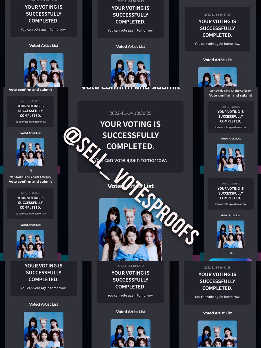 CHECK PROOFS : #Sell_Votes

📣Giveaway Result! 2022 MAMA WFC Vote :

🏆10+1 votes for #IVE #IVE_ELEVEN

Thank you all for participating! 💌