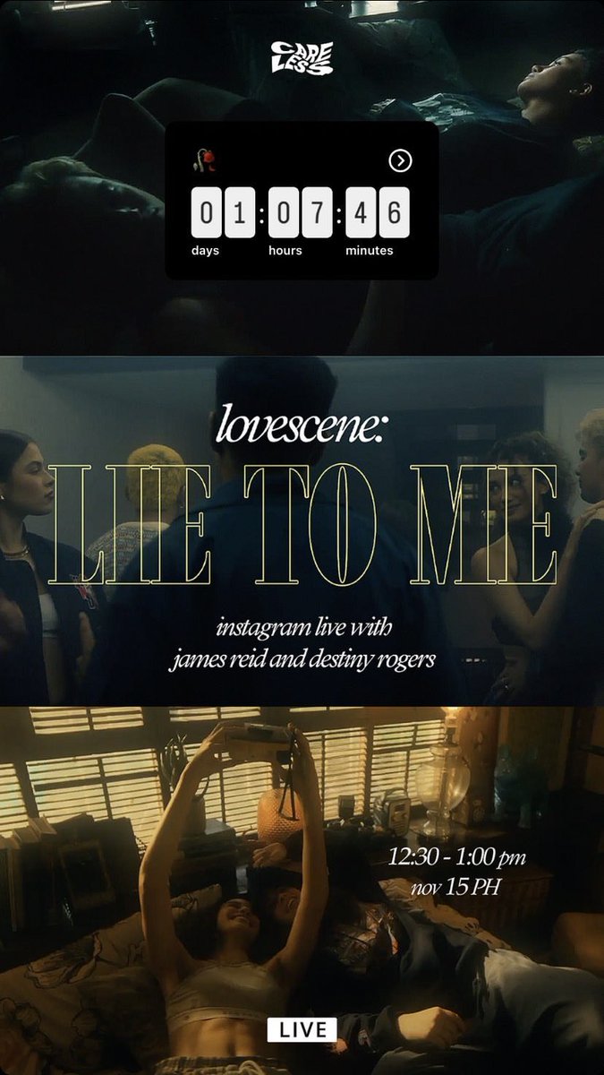 TheBeatManila's tweet photo. Set your alarms! ⏰

James Reid, together with Destiny Rogers, will be on Instagram Live for the release of "Love Scene: Lie To Me" MV! 

We can't wait for this masterpiece! 🌹

#LovesceneLieToMeMV  #LieToMe #JamesReid @tellemjaye

📸: Instagram/ carelessph https://t.co/w13w2mtzVT