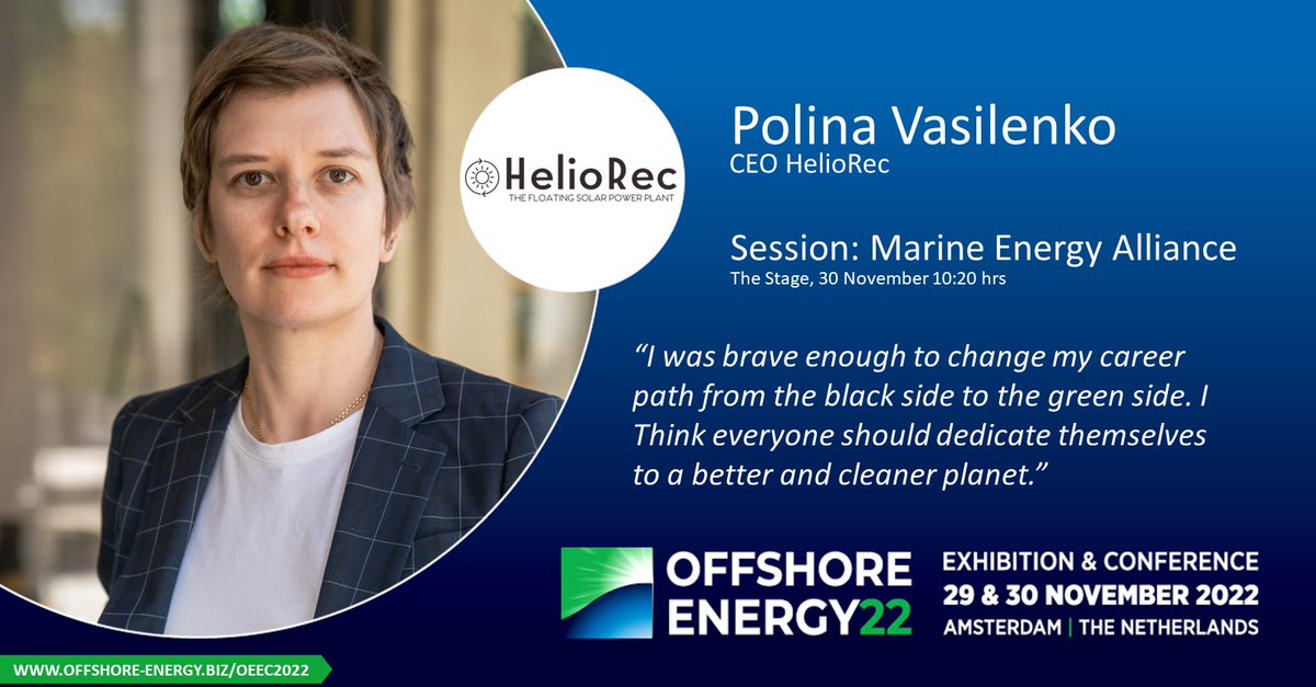 Polina Vasilenko, CEO at <a href="/Helio_Rec/">HelioRec</a> will share their developments in floating solar during Offshore Energy Exhibition &amp; Confernece. 

Check out this interview on 30 November on The Stage. 

More info about OEEC program here -&gt; offshore-energy.biz/offshore-energ…