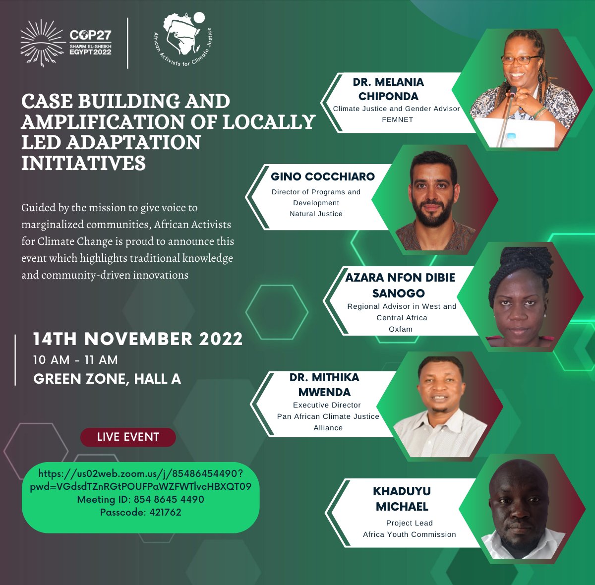 Week 2 of #COP27 is here. 

This is what to look out for 

#HappeningNow 

Discussion for the adoption and implementation of mechanisms in favor of Locally Led Adaptation (LLA) initiatives across Africa.
