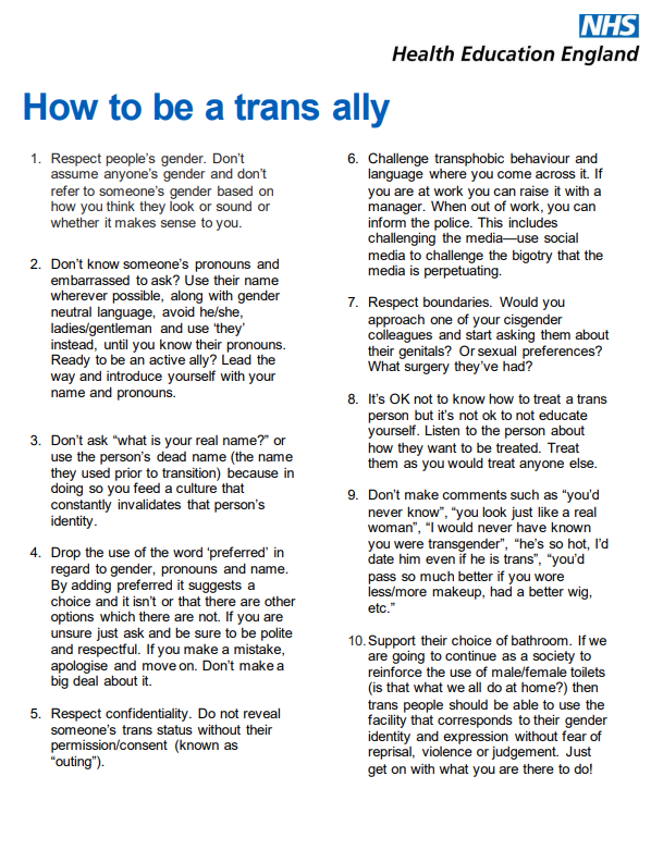 This week is Transgender Awareness Week. 🏳️‍⚧️ 

CSS is proud of the diversity in our workforce and realises we can all learn more about those we care for and work with. 

Check out this guide from @HEE on how to be a trans ally and check out the <a href="/MFT_LGBTQplus/">MFT LGBTQ+ Staff Network</a> feed for more info!