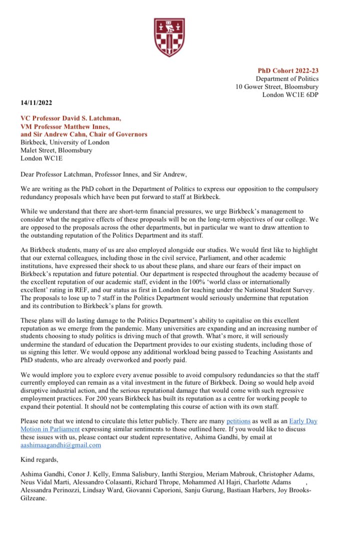This morning the PhD students at @bbkpolitics wrote to the University’s senior management outlining our opposition to the compulsory redundancies plan. Please read and share our letter.

#SaveBirkbeck @nicolawoolcock @richarda @BirkbeckUnion
