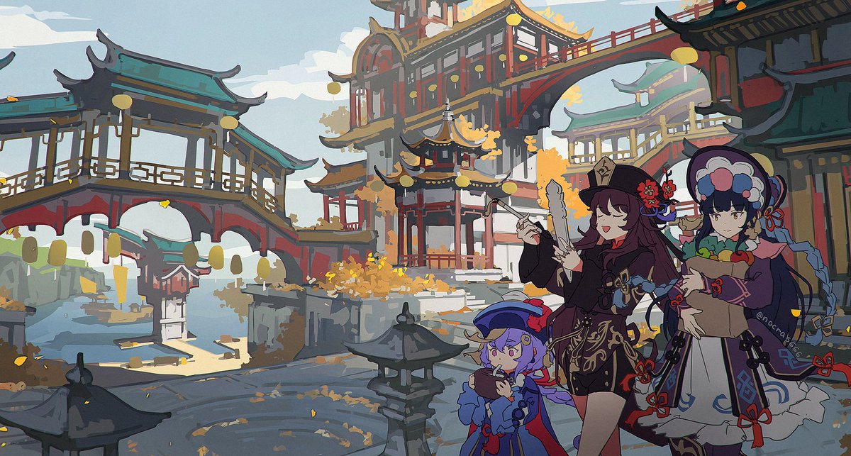 hu tao (genshin impact) ,qiqi (genshin impact) multiple girls 3girls purple hair architecture hat east asian architecture outdoors  illustration images