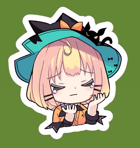 1girl orange sweater hat blonde hair witch hat closed eyes green background  illustration images