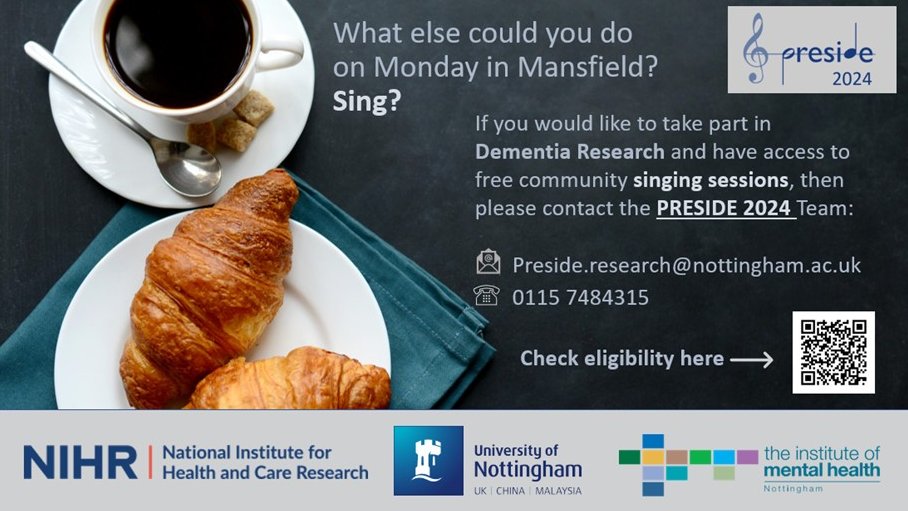 PRESIDE 2024 Study (@presidesinging) on Twitter photo Live in or near #Mansfield? #Nottinghamshire?
Do you have a diagnosis of #dementia or are a #carer?
Would you like to take part in group singing sessions?
Would you like to take part in dementia #research?
Please take a look <a href="/PRESIDESinging/">PRESIDE 2024 Study</a> Live in or near #Mansfield? #Nottinghamshire?
Do you have a diagnosis of #dementia or are a #carer?
Would you like to take part in group singing sessions?
Would you like to take part in dementia #research?
Please take a look <a href="/PRESIDESinging/">PRESIDE 2024 Study</a>