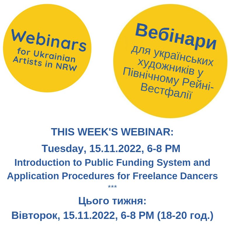"Kultur hilft Kultur" lädt diese Woche zu einem Webinar mit Yana Novotorova ein. Willkommen sind ukrainische Künstler*innen und alle Interessierte. Kostenfreie Anmeldung und weitere Infos unter: kultur-hilft-kultur.de/webinars/ #kulturhilftkultur