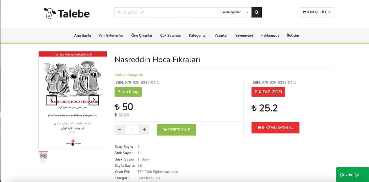 YENİ NESİL YAYINCILIK
Bölümlü ve POD opsiyonlu elektronik kitap dağıtım portalı: talebe.com
Doç. Dr. Volkan Karagözlü Hocamızın  "Nasreddin Hoca Fıkraları" adlı Arapça kelime alıştırmalarını içeren çalışmasına sitemizden basılı form olarak ulaşabilirsiniz.