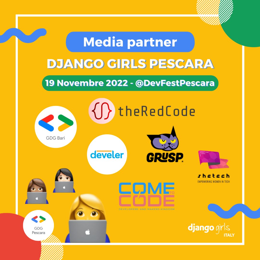 ✈️ Al via, sabato 19 Novembre, #DjangoGirlsPescara! L'evento è co-organizzato con <a href="/GDGPescara/">GDG Pescara</a>, che ringraziamo per la collaborazione 💟

 💟 Ci teniamo a dire grazie anche ai nostri fantastici media partner: <a href="/gdgbari/">GDG Bari</a> <a href="/grusp/">GrUSP</a> <a href="/SheTechItaly/">SheTech</a> <a href="/develer/">Develer</a> <a href="/theredcode_it/">TheRedCode.it</a> <a href="/plug_italia/">PLUG</a>👇