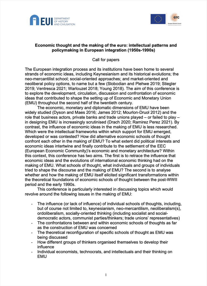 manumourlon's tweet photo. Call for papers alert! 
'Economic thought and the making of the euro' 
Conference to be held at the European University Institute in Florence on 27-28 April 2023. 
Deadline for applications: 15 February 2023. 
More details here: https://t.co/pBpC1MD4OY