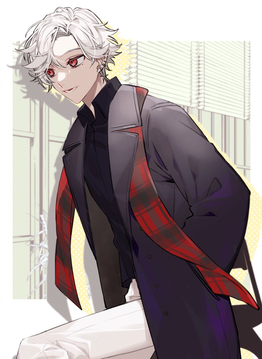 red eyes solo 1boy male focus pants shirt white hair  illustration images