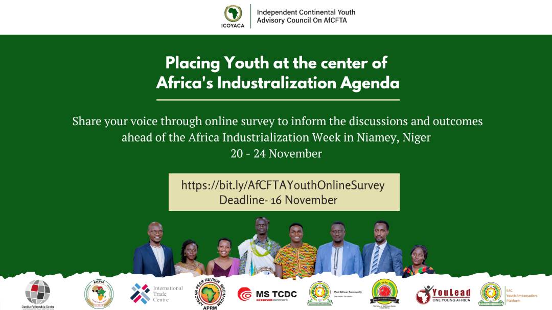 AfCFTA Youth Advisory Council (@icoyaca) on Twitter photo We want our youth voice to be represented during the Africa Industralization Week, 20 - 24 November.
MAKE YOUR TRADE VOICE HEARD by taking 2 min of your time to fill in this survey:
bit.ly/AfCFTAYouthOnl…
Submit before 16 Nov.
<a href="/AfCFTA/">AfCFTA Secretariat Official</a> We want our youth voice to be represented during the Africa Industralization Week, 20 - 24 November.
MAKE YOUR TRADE VOICE HEARD by taking 2 min of your time to fill in this survey:
bit.ly/AfCFTAYouthOnl…
Submit before 16 Nov.
<a href="/AfCFTA/">AfCFTA Secretariat Official</a>