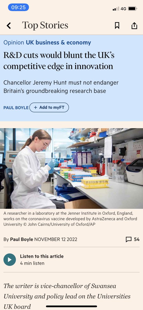 Important piece in <a href="/FT/">Financial Times</a> on why:

🔬UK investment in University R+D is so key to UK economic prosperity, industry investment, Levelling-Up, innovation &amp; productivity.

🔬the 5yr boost to UK R+D in CSR21 by <a href="/RishiSunak/">Rishi Sunak</a> <a href="/10DowningStreet/">UK Prime Minister</a> is vital to UK #ScienceSuperpower credibility