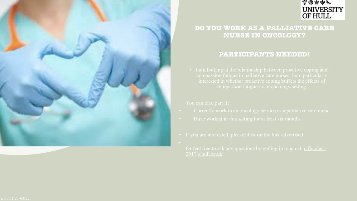 Are you a nurse working with palliative care oncology patients? Please consider taking part in this short survey as part of my doctoral thesis looking at proactive coping and compassion fatigue. hull.onlinesurveys.ac.uk/proactive-copi… #PalliativeCare #oncology #Nursing