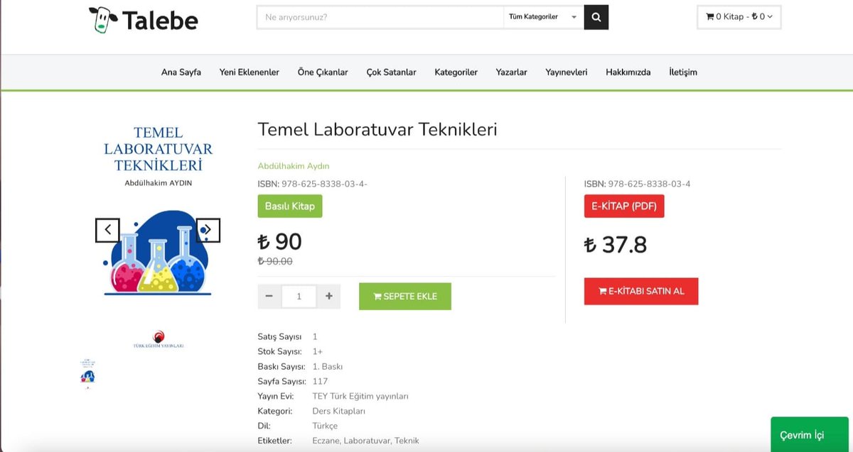 YENİ NESİL YAYINCILIK
Bölümlü ve POD opsiyonlu elektronik kitap dağıtım portalı: talebe.com
Öğr. Gör. Abdülhakim Aydın  Hocamızın  "Temel Labaratuvar Teknikleri" adlı çalışması TEY'den elektronik ve basılı opsiyonda yayınlandı. Kitaba sitemizden ulaşabilirsiniz.