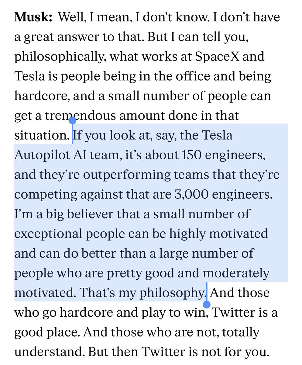 SawyerMerritt's tweet image. “The Tesla Autopilot AI team, it’s about 150 engineers, and they’re outperforming teams that they’re competing against that are 3,000 engineers.” - @elonmusk