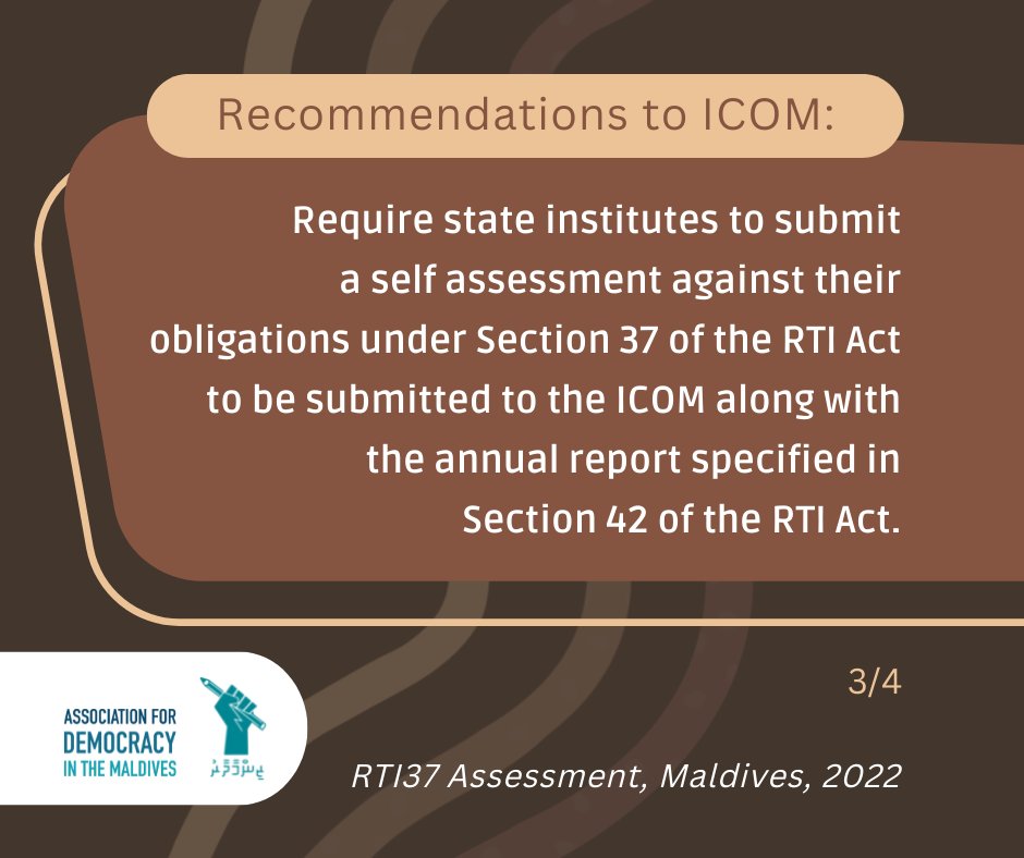 AssocDemocracy's tweet photo. You can now download our assessment report on #RTI37 "State Compliance to Mandatory Proactive Disclosure Requirements under Section 37 of the RTI Act of Maldives" from https://t.co/FMhJJQWdYg https://t.co/tk7RPtFIFo
Based on the findings, our recommendations to @ICOMmv are:
1/4 https://t.co/WMurI1aBdS