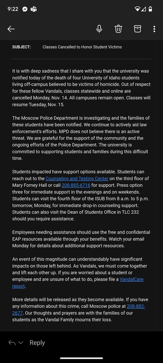 U of I classes cancelled Nov. 14 to honor student victims.