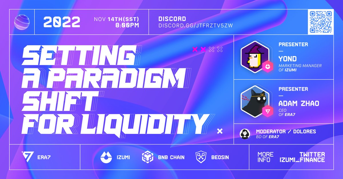 Era7: Game of Truth (@era7_official) on Twitter photo – #Era7 × iZUMi #AMA Session –
📆 14/11/2022 12:00 UTC
📍discord.gg/VBmy7p5d
🎁 $200 worth of 10,000 #iZi Tokens for 10 users (5 for Like&RT this post, 5 for questions ask in the session) $20 each.
📢 #Giveaways Winner Ann. & Dist.: by 28/11/2022 UTC
<a href="/izumi_Finance/">iZUMi Finance | #iZiSwap</a> – #Era7 × iZUMi #AMA Session –
📆 14/11/2022 12:00 UTC
📍discord.gg/VBmy7p5d
🎁 $200 worth of 10,000 #iZi Tokens for 10 users (5 for Like&RT this post, 5 for questions ask in the session) $20 each.
📢 #Giveaways Winner Ann. & Dist.: by 28/11/2022 UTC
<a href="/izumi_Finance/">iZUMi Finance | #iZiSwap</a>