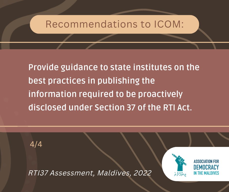AssocDemocracy's tweet photo. Recommendations to @ICOMmv: Provide guidance to state institutes on the best practices in publishing the information required to be proactively disclosed under Section 37 of the RTI Act. 4/4
#RTI37 #RTI https://t.co/ghLzA0GKUK