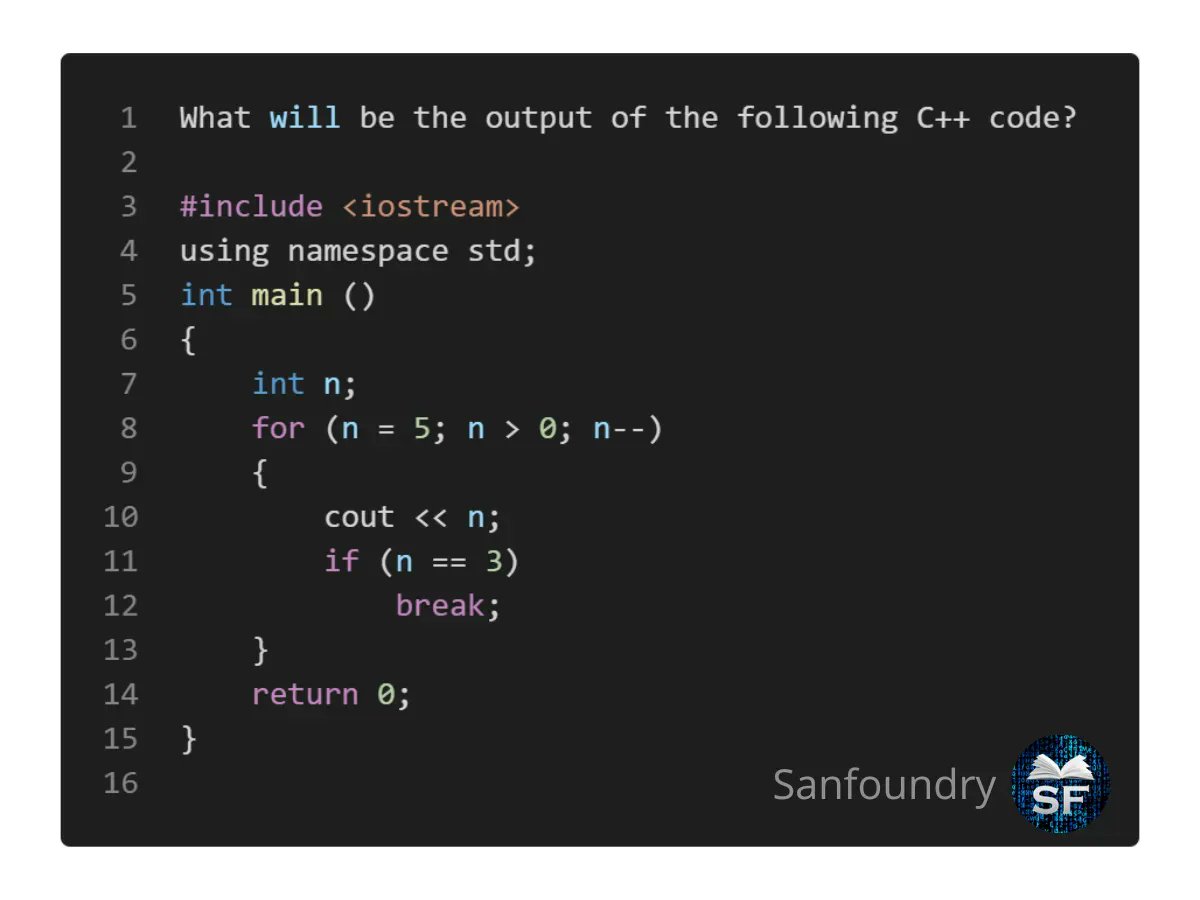 sanfoundry's tweet image. ✨✨ Sanfoundry C++ Programming Quiz ✨✨
#cpp #cplusplus #cplusplusprogramming #cpluspluscode #programming #quiz #faq #interviewquestions #codingisfun #programmerlife #question #programs #learning #sanfoundry
Answer: buff.ly/3G1RRGW