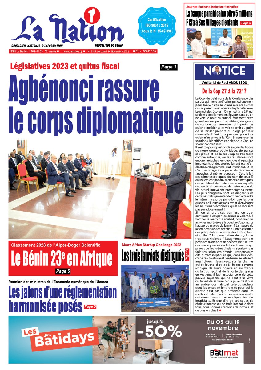 Journal La Nation
La #Une du Lundi 14 novembre 2022.
#lanationbenin #wasexo #actualite 
<a href="/AurelieASZ/">Aurelie I. ADAM SOULE ZOUMAROU</a>