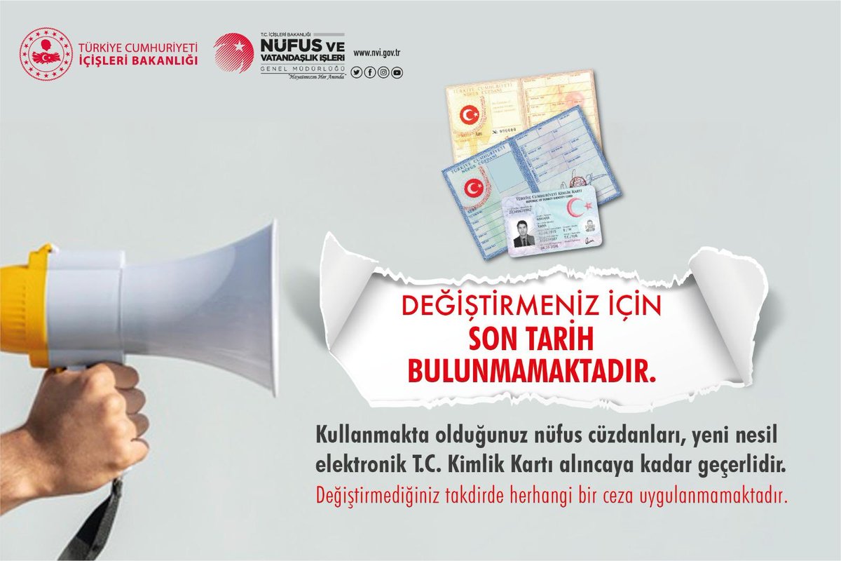 Kullanmakta olduğunuz nüfus cüzdanlarının değiştirilmesi için son tarih bulunmamaktadır❗️

T.C. Kimlik Kartı başvurusu veya daha fazla bilgi için 👉 nvi.gov.tr/sss-kimlik-kar…

#HayatınızınHerAnında