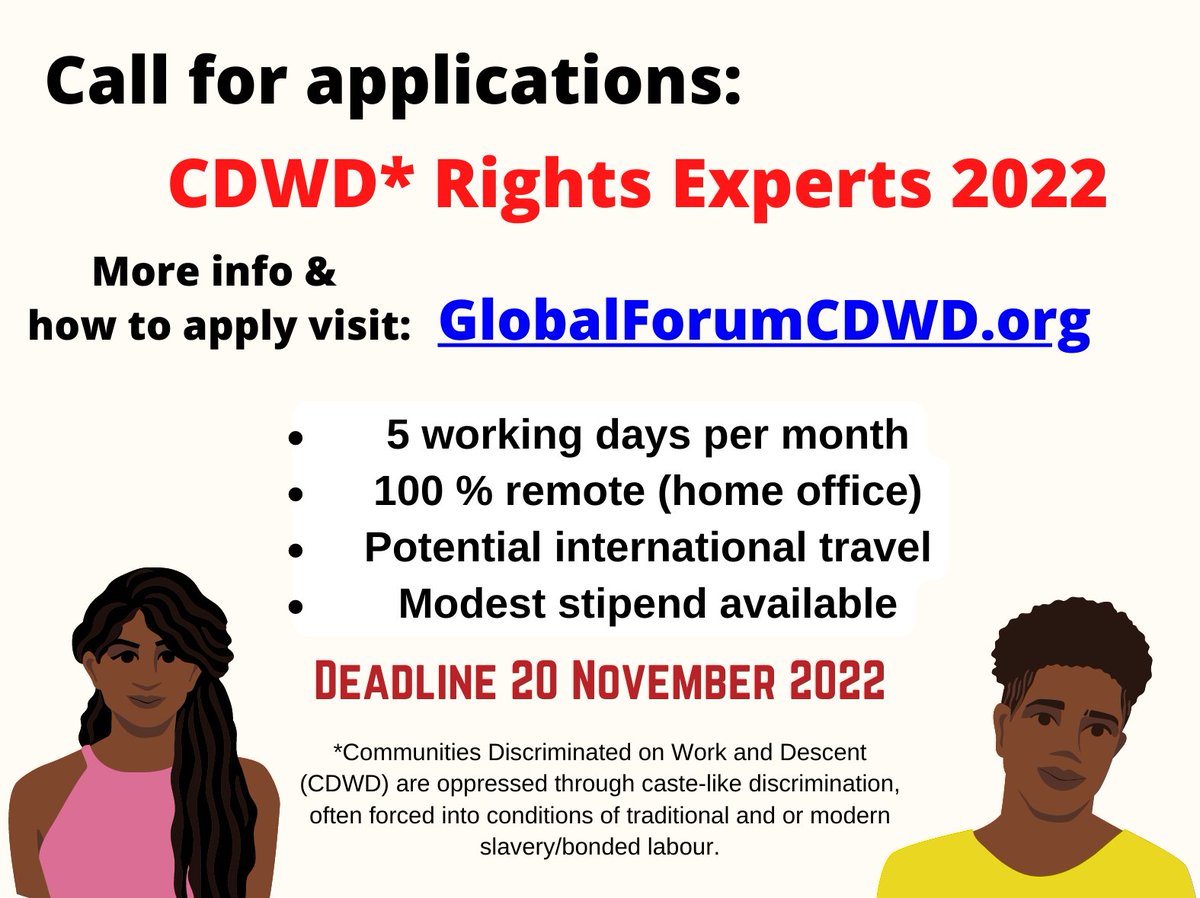 Join us in building a global movement to achieve justice for #CDWD such as Dalits in South Asia to ensure their Human Rights are respected. Apply for our paid, fully-remote position as a Rights Expert. #DalitRights #CDWDRights.

<a href="/CastoutSlavery/">Global Forum of CDWD (GFoD)</a> <a href="/AsiaDalitRights/">asiadalitrightsforum(ADRF)</a>
