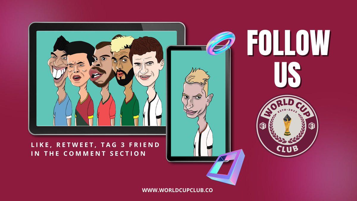 🎁 #NFTGiveaways  🎁
In honor of their Discord release they are giving away:

1⃣300 USDT + Whitelist
2⃣Whitelist + WCC NFT
3⃣WCC NFT

✅❤️&amp; RT.
✅Follow 
@WorldCupClubNFT &amp; @NftsJunggle 
✅Tag 3 friends.

#NFT #NFTs #NFTCommunity #FIFAWorldCup