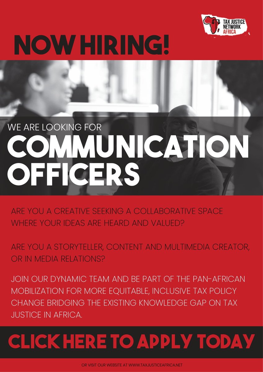 🎉🎉We're #Hiring📢📢

We are seeking to #recruit communication officers to support the communications team of the organisation and advance TJNA’s visibility and advocacy agenda.

Apply via this link: bit.ly/3EvhleG

Deadline: November 20, 2022