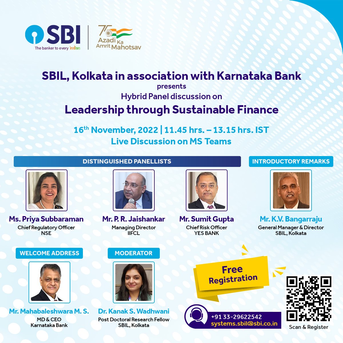 TheOfficialSBI's tweet photo. SBIL, Kolkata in association with Karnataka Bank, will host a Hybrid Panel Discussion with various dignitaries on "Leadership through Sustainable Finance." 
To register for the event, please click here: https://t.co/GDWKstZrzU

#SBI #SBIL #HybridPanelDiscussion #AmritMahotsav https://t.co/IGchBbjkT0