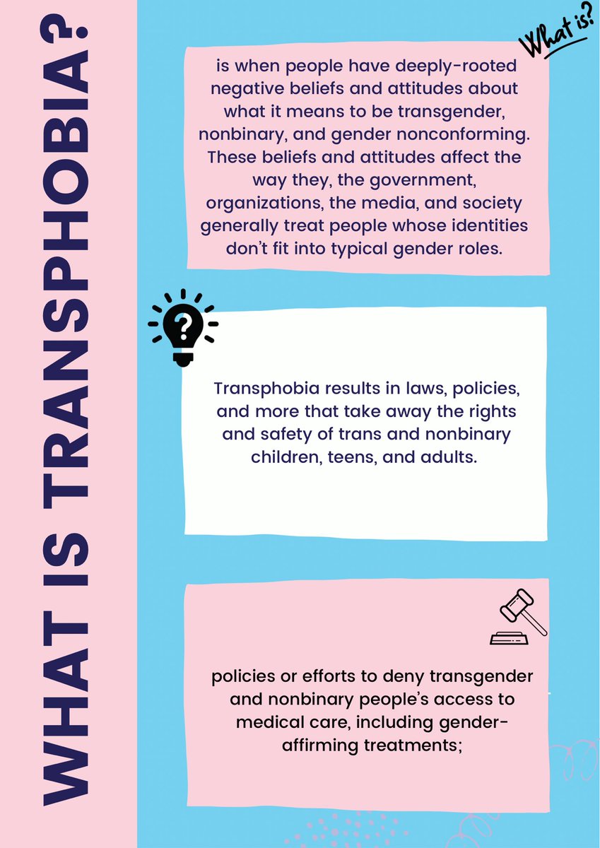 Transphobia,is when people have deeply-rooted negative beliefs and attitudes about what it means to be transgender.These beliefs and attitudes affect the way the government media, and society treat people whose identities don’t fit into typical gender roles.
#TransAwarenessWeek