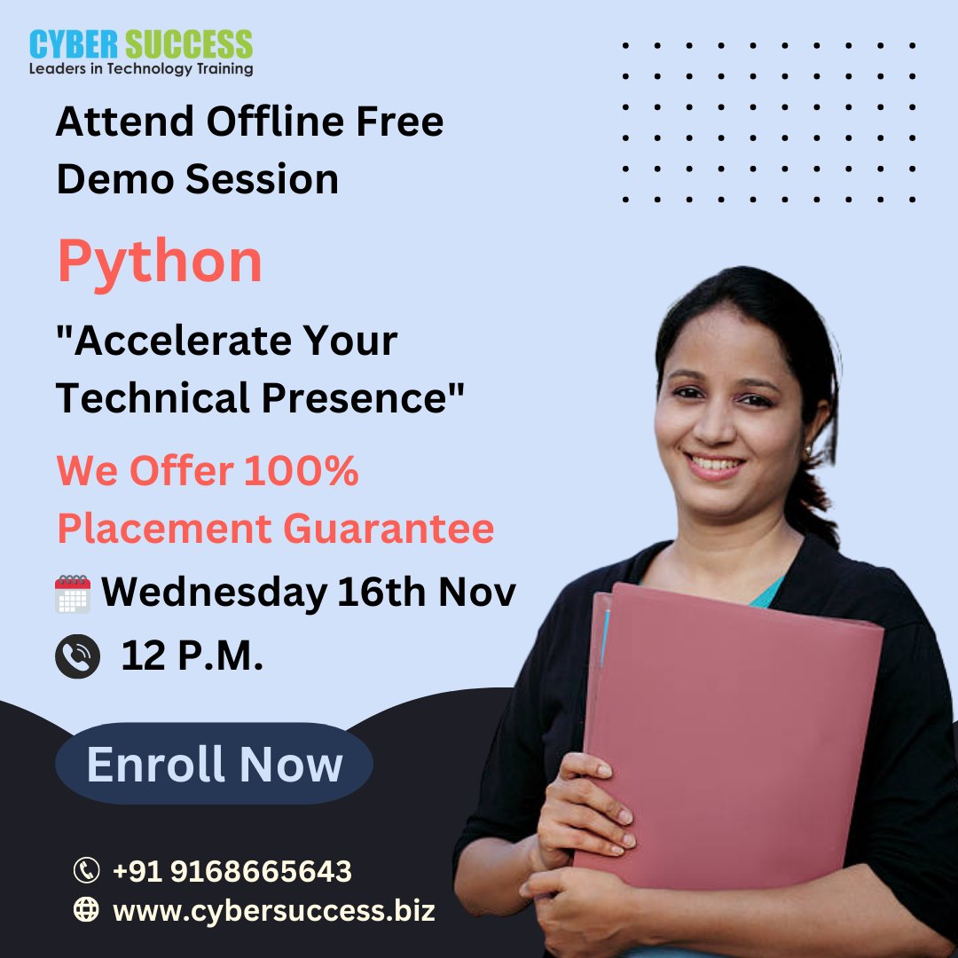 CyberSuccess_CS's tweet image. New Offline Batch of Python 16th November
Grab the opportunity of learning
Certification Course, 100% Job Guarantee.
For more updates
Call Us: +91- 9168665643
Visit Us: cybersuccess.biz 
#pythoncourse #pythoncourseonline #python #pythoncode #pythontraining #cybersuccess