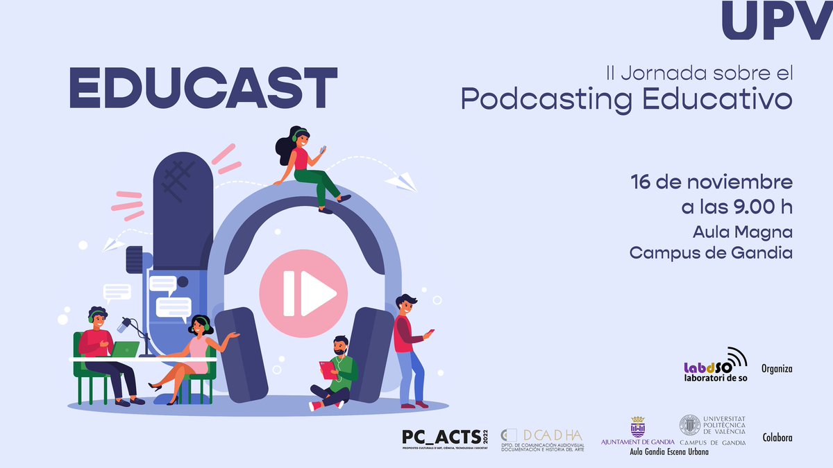 EducastUPV's tweet photo. 🔴 Este miércoles no te pierdas la II edición del Educast, la jornada sobre el podcasting educativo.

🗞️ Toda la información acerca de los ponentes, horarios, etc. en la web del @UPVCampusGandia 

🧑🏼‍💻https://t.co/Dj5W3aDGXu https://t.co/mLiM3VcJ5K