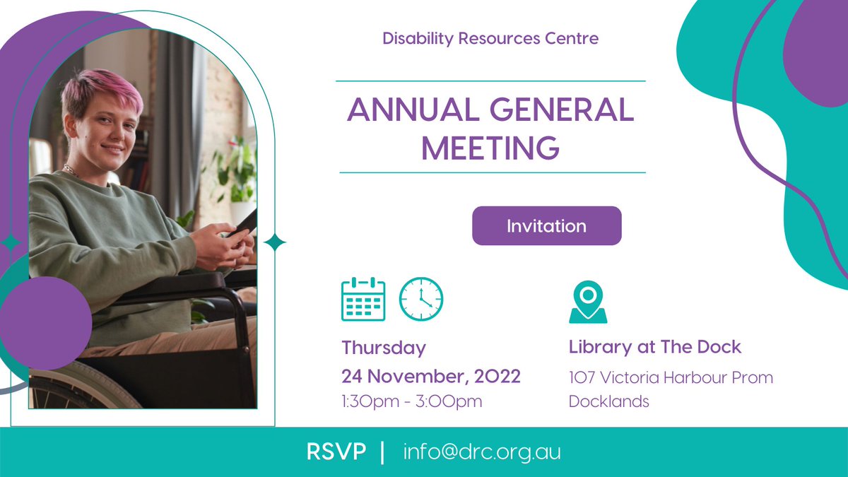 It's #AGM time! Join us for our Annual General Meeting Thursday 24 November. Details below. RSVP to info@drc.org.au to attend. #Governance #DisabilityRights