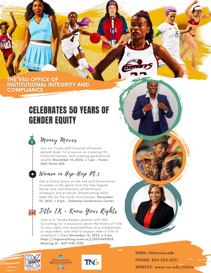 VSUTitleIX's tweet photo. Join the Title IX Office as we celebrate the 50th anniversary of the landmark legislation of Title IX and 50 years of supporting sex and gender equity and education. See the attached flyer for this week’s events! #TIX@50 #GreaterHappensHere #vsutitleix https://t.co/pG65vFMZ3O