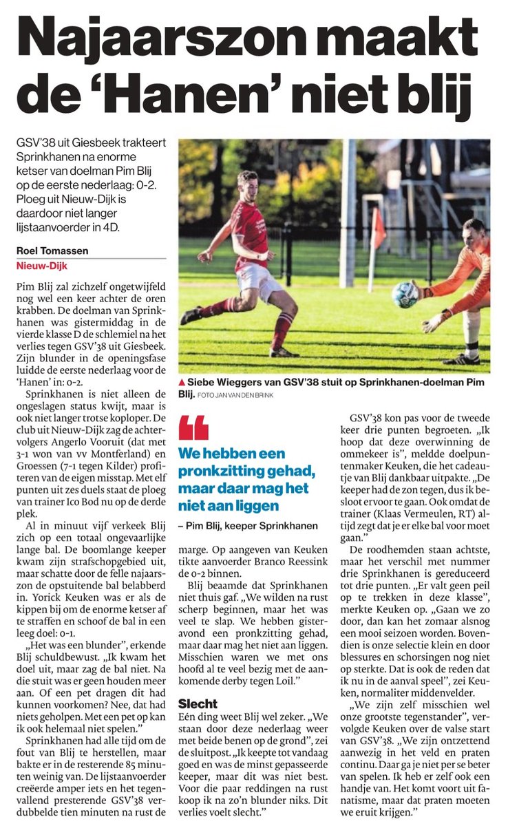 Sprinkhanen geen koploper meer na enorme ketser doelman Pim Blij en 0-2 verlies tegen GSV'38.