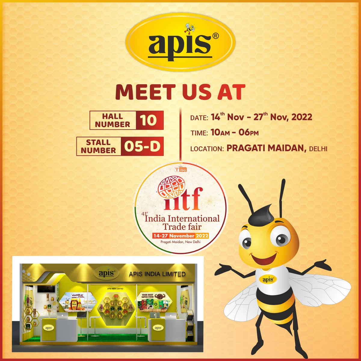 apis_india's tweet photo. The 41st India International Trade Fair is open and Apis is attending! We will be here from 14th to 27th November 2022. We can't wait to see you visit.
#ApisIndia #IITF #IndiaInternationalTradeFair #PragatiMaidan #NewDelhi #TradeFair #ApisHoney #ApisDates #ApisVermicelli https://t.co/tQyytNGiMr
