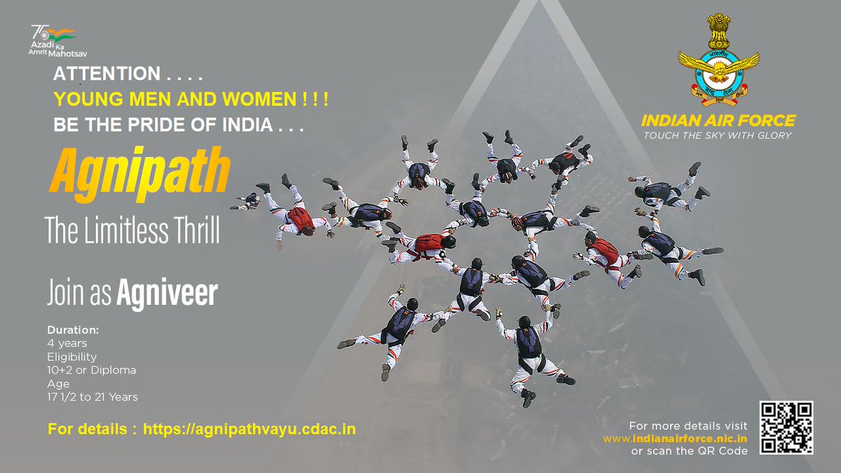 #INFO | AGNIVEERVAYU INTAKE 01/2023

Indian Air Force invites online applications from Unmarried Indian Male and Female candidates for selection test for #Agniveervayu Intake 01/2023 under #AgnipathScheme.  

<a href="/CMOfficeAssam/">Chief Minister Assam</a> <a href="/IAF_MCC/">Indian Air Force</a> <a href="/easterncomd/">EasternCommand_IA</a> 1/2