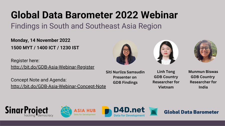 This morning we are joining the Global Data Barometer South &amp; Southeast Asia regional launch hosted by our partners in the region <a href="/D4DAsia/">OD4DAsia</a> &amp; the <a href="/sinarproject/">Sinar Project</a>.

If you missed the registration, please check out the country results for the 11 countries⬇️

🔗bit.ly/3z0OuvI