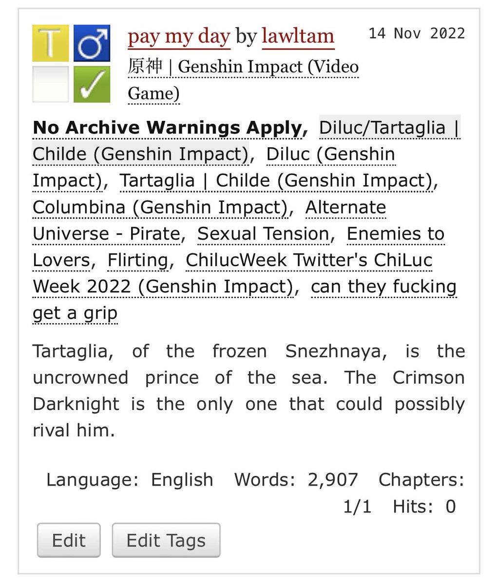 akaaqshi's tweet photo. pay my day
* genshin impact
* childe/diluc
* pirate au
* 2,8k words
written for #ChiLucWeek2022 day 6: pirate!
#chiluc #Genshinlmpact
https://t.co/GVe1f4gtQX https://t.co/0pKeOjlBZG