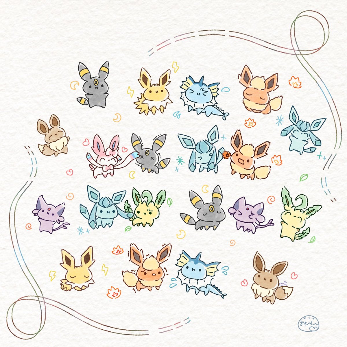 eevee ,espeon ,glaceon ,leafeon ,umbreon ,vaporeon pokemon (creature) no humans closed eyes > < smile one eye closed closed mouth  illustration images