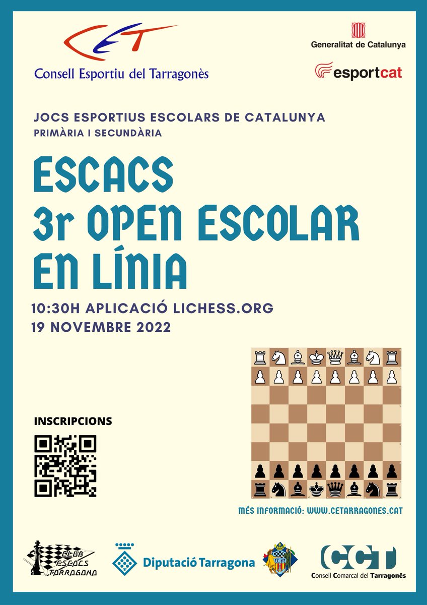 cetarragones's tweet photo. LES INSCRIPCIONS PER AL 3R OPEN ESCOLAR D'ESCACS EN LÍNIA SÓN OBERTES. El 19 de novembre '22 se celebrarà aquest torneig a les 10:30h del matí de forma en línia mitjançant l'aplicació web https://t.co/9iUqJjXBSU La data límit per inscriure't és aquest dimecres 16 de novembre♟️ https://t.co/9TuegjtBWe