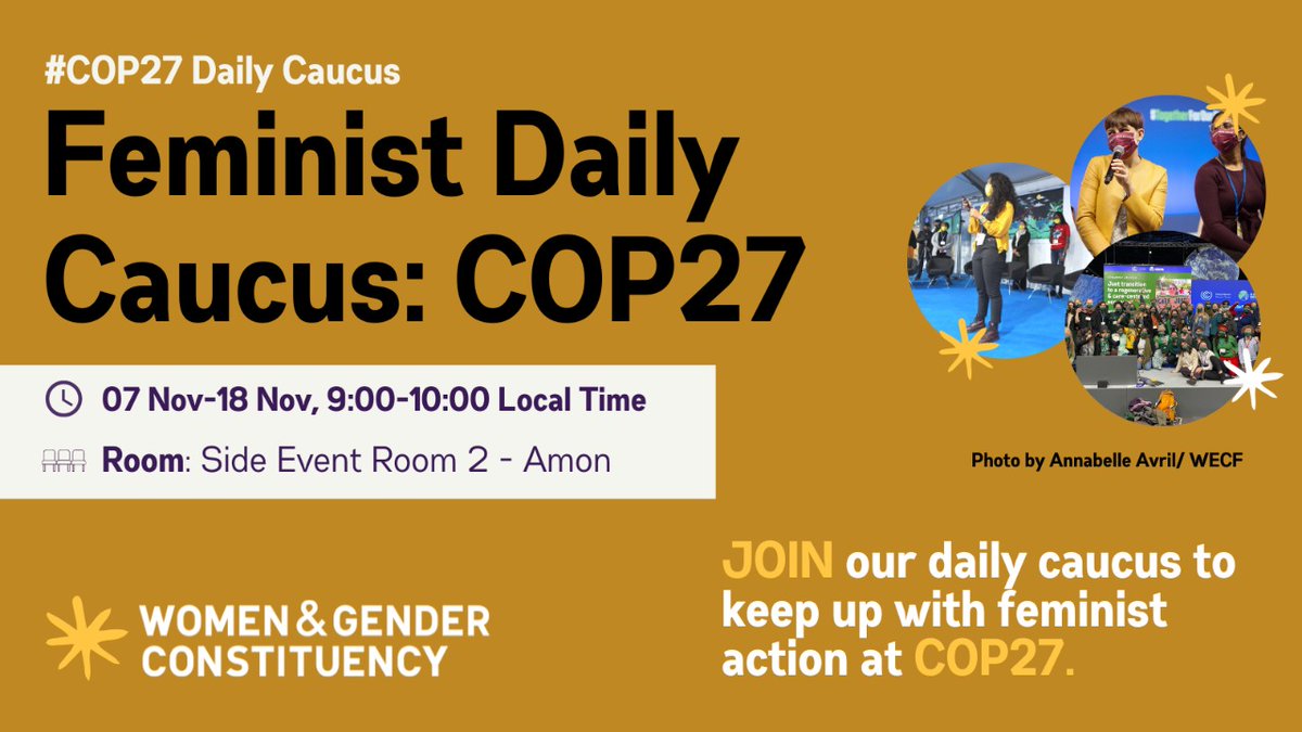 At #COP27 this week? Join us for our feminist daily caucus at 9-10am in Room Amon, Area B. 

Sharing strategy, daily events, and lots of #feministjoy! Everyone welcome, come one, come all! #FeministClimateJustice