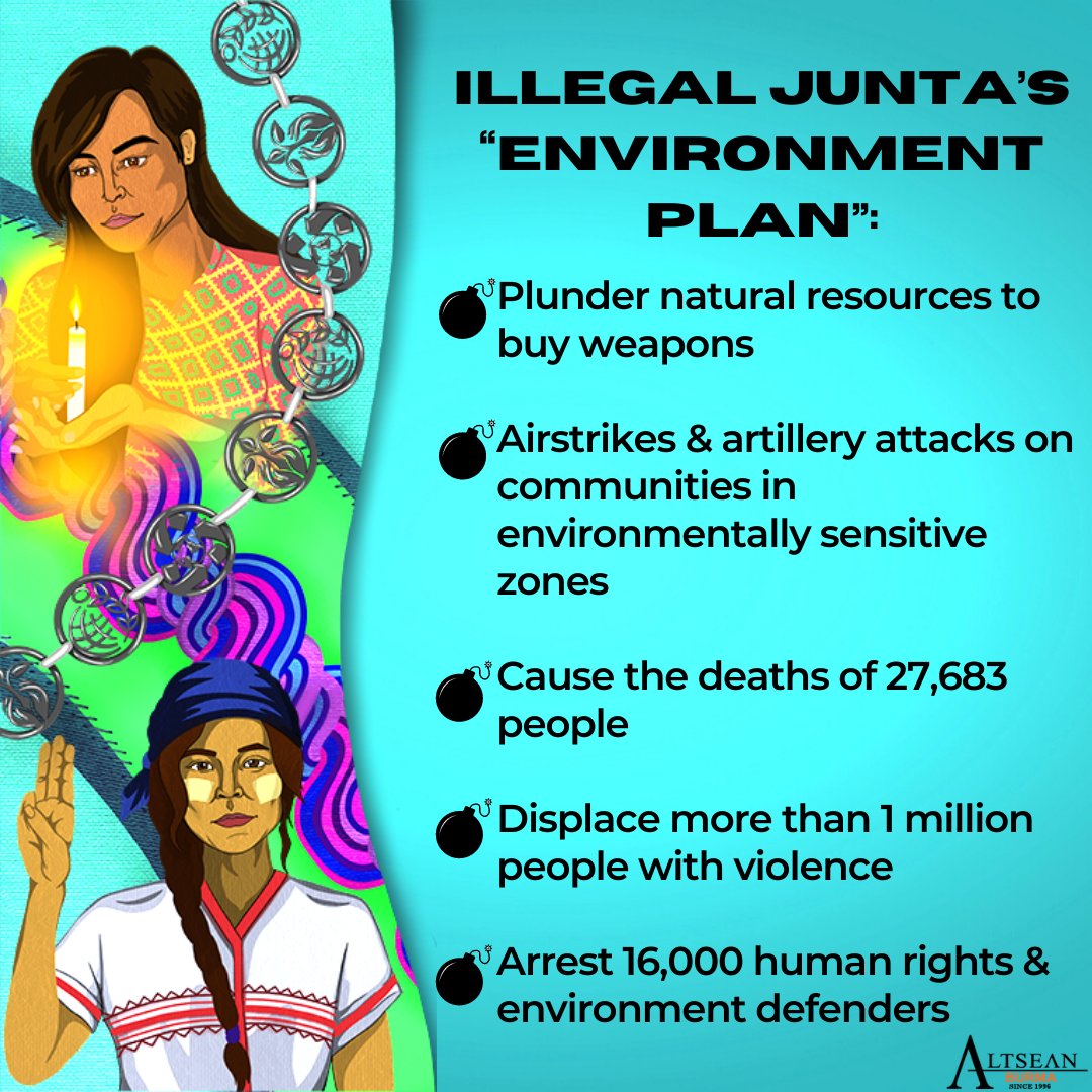 Altsean's tweet photo. Myanmar junta’s crimes against humanity &amp; environment:

⚠️over 1 mil displaced 
⚠️bombing environmentally sensitive zones   
⚠️entire country more vulnerable to climate change 

🔗Read our briefer: https://t.co/zhhXYk71a9

#COP27  #WhatsHappeningInMyanmar #Burma  #ClimateJustice https://t.co/93UquyBg2A