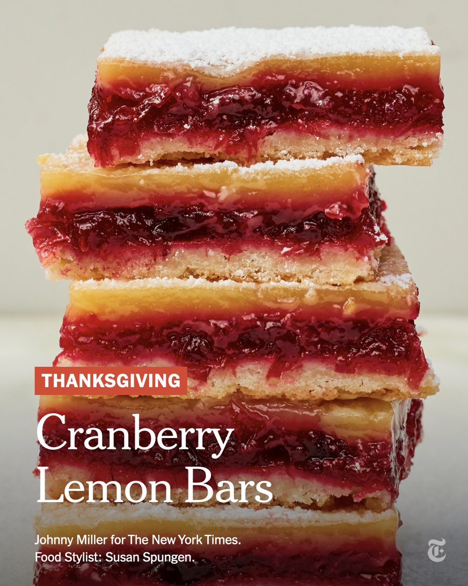 Make these tangy and sweet two-toned lemon bars ahead of Thanksgiving — they’ll keep in the refrigerator for up to five days. nyti.ms/3tyo4Ox