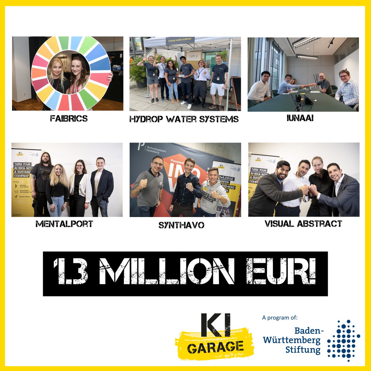 💥 1,3 Mio.€! Thats the overall financing volume that our network-accelerator teams <a href="/synthavo/">synthavo</a>, FAIBRICS, Iuna AI, Mentalport, @youngallianceAC and Hydrop collected through EXIST, BW Pre-Seed or Business Angels after they finished our batch in 2021

🏄 Let’s keep that pace up!