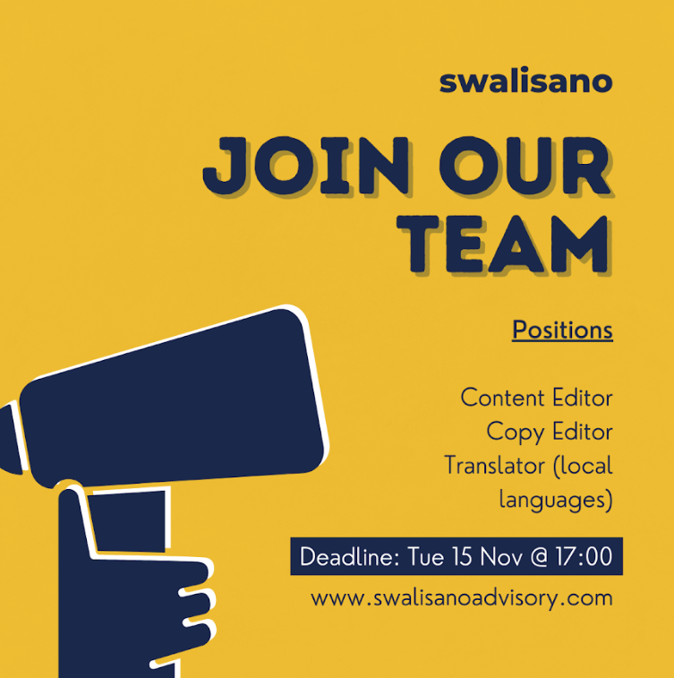 We are looking for Content Editors, Copy Editors and Translators (local languages) to join the Swalisano Team for a short term opportunity

Apply here: forms.gle/huJyibuRq3Cu3Q…

Applications close Tuesday 15 Nov @ 17:00hrs
#translators #copyediting