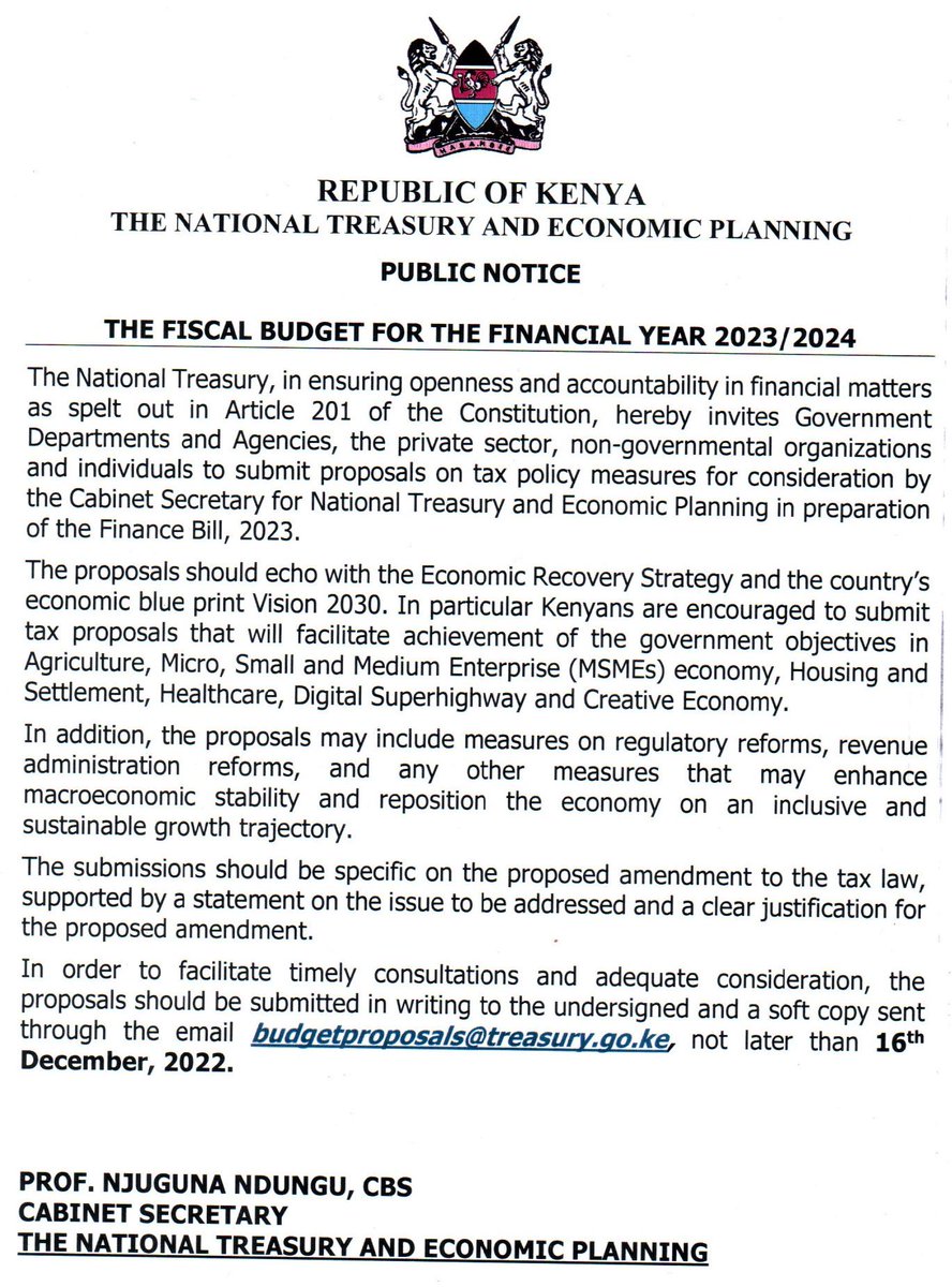 KeTreasury's tweet photo. Public Notice - call for proposals on tax measures 

@KeTreasury has begun the process of preparing the FY 2023/24 National Budget in compliance with the provisions of the Public Finance Management Act (PFM) 2012 and the Constitution. https://t.co/x0ir84Wqsh
