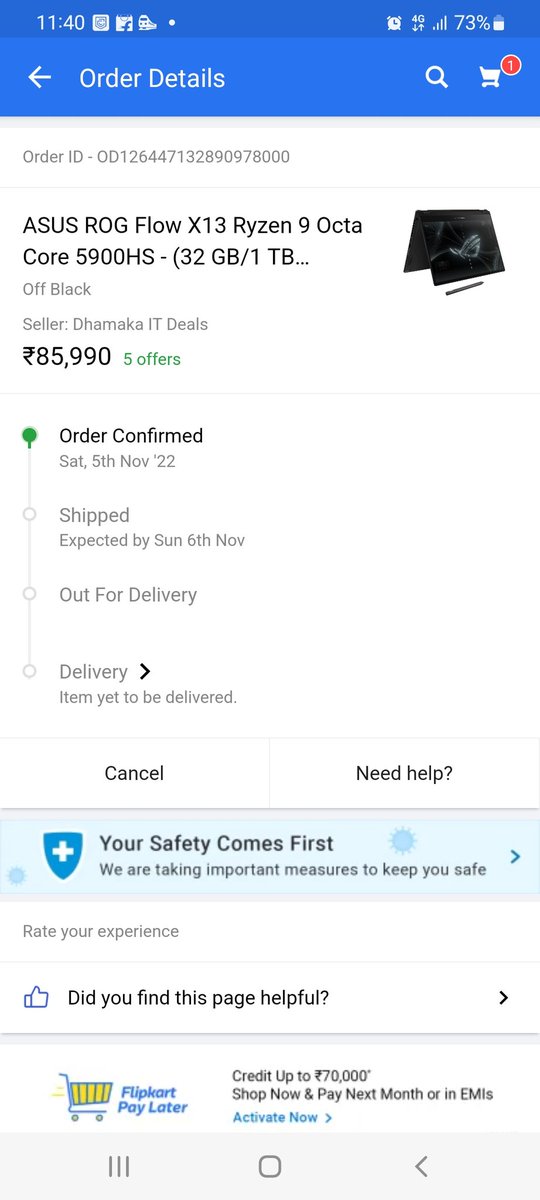 vishykamat's tweet photo. Flipkart cancel my prepaid shipped laptop order without giving me any https://t.co/b09nGsuWEP order id is https://t.co/E9evIy6mzo courier Traking id is 5963452906504.
I ordered this laptop in utsav deal price 85990/- Rs. Now the laptop price is 136990 /- Rs.I am suffering lot. https://t.co/uv1I2lB3aj